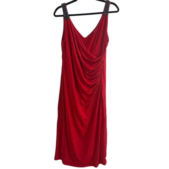 CARMEN MARC VALVO Red Ruched Gunmetal Beaded Dress Surplice Wrap Top - Sz 10 - Picture 2 of 6